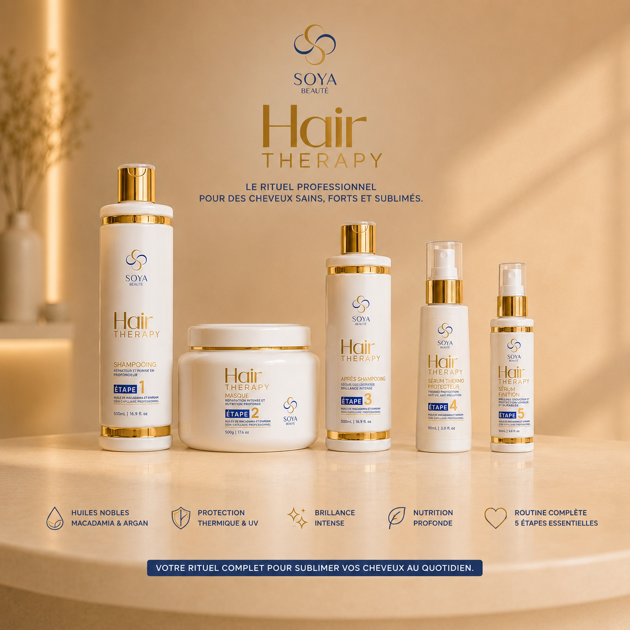 Gamme complète Hair Therapy de Soya Beauté à l'huile d'argan et macadamia en 5 étapes pour entretenir le lissage 