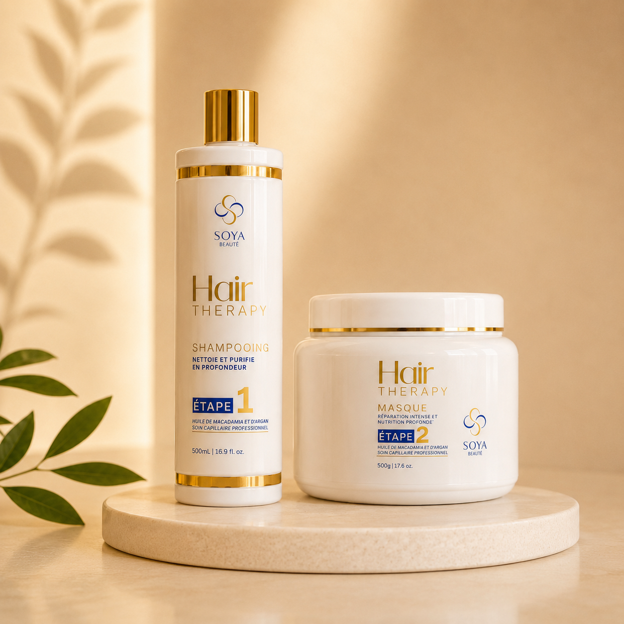 pack routine essentielle Hair Therapy de Soya Beauté avec shampoing et masque 500ML à l'huile d'argan et macadamia pour entretenir le lissage 