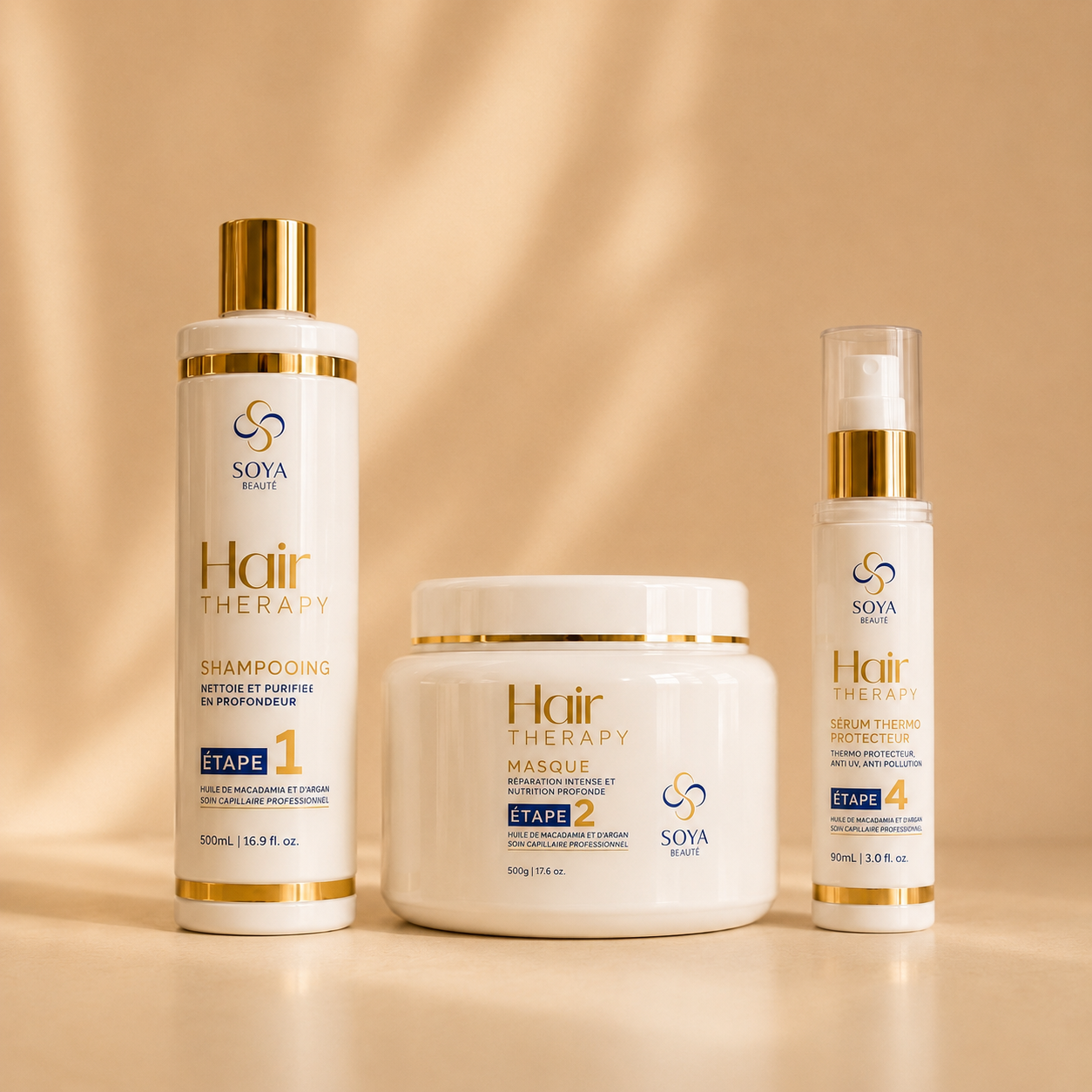 pack routine experte Hair Therapy de Soya Beauté avec shampoing et masque 500ML et sérum thermo protecteur 90 ML à l'huile d'argan et macadamia pour entretenir le lissage 