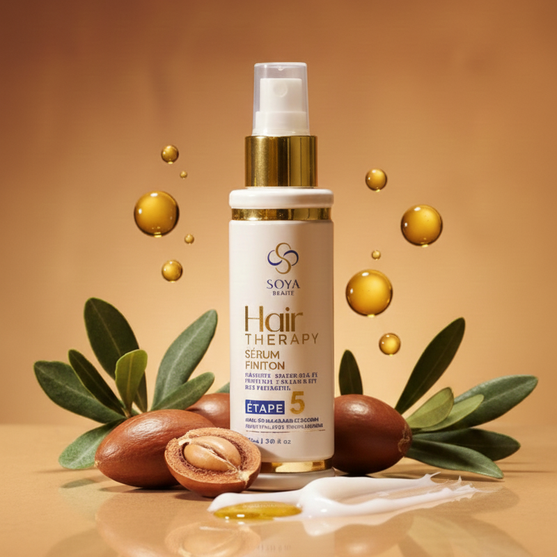 sérum de finition 90ML à l'huile d'argan et macadamia Hair Therapy de Soya Beauté pour entretenir le lissage et pour des cheveux brillants et disciplinés. Nourrit, discipline et prévient l'apparition de fourche. Préserve la santé des longueurs.