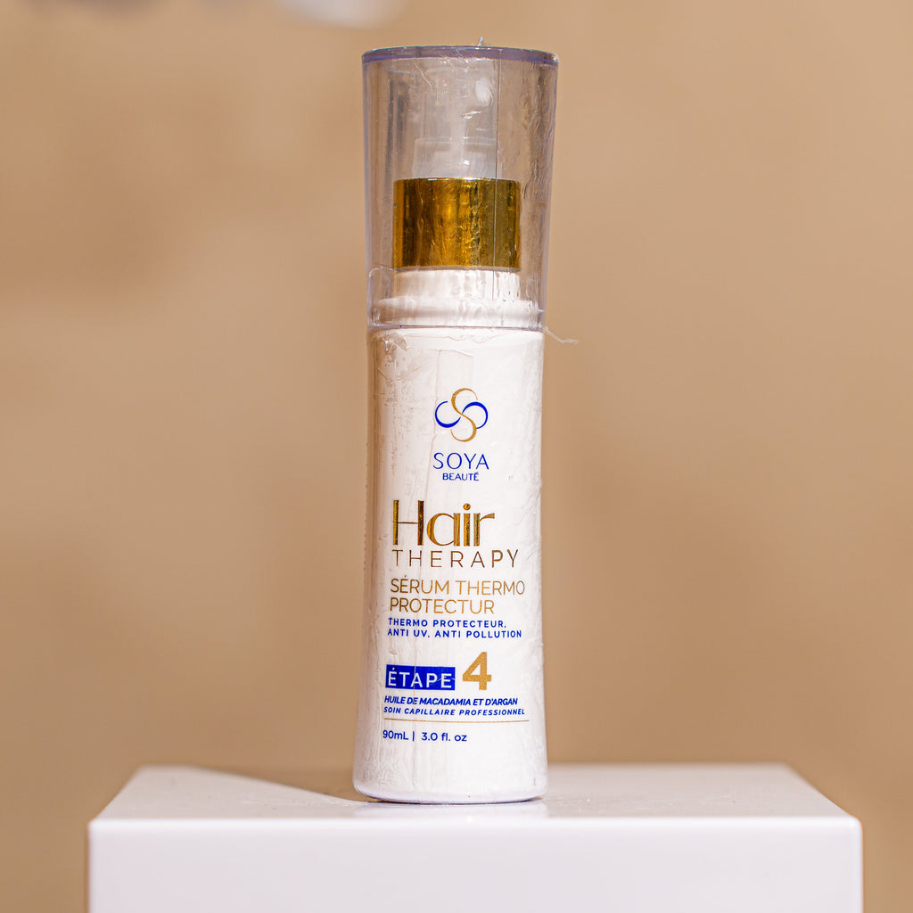 sérum thermo protecteur 90ML à l'huile d'argan et macadamia Hair Therapy de Soya Beauté pour entretenir le lissage et pour des cheveux brillants et disciplinés. Anti UV, anti pollution, protège les longueurs de la chaleur et des agressions extérieures  
